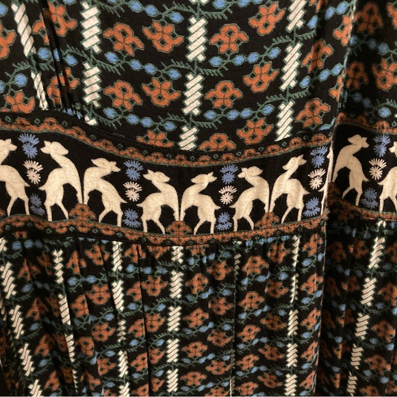 Manoush Tie-Waist Bohemian Vintage Cottagecore Whimsigoth Boho Deer Print Dress - Picture 5 of 11